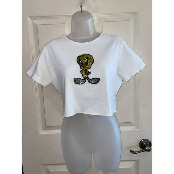 Vintage Looney Tunes Tweety Bird Embroidered Womens White Crop Top T-Shirt - Picture 1 of 8